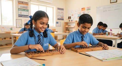 Children working on soroban abacus frames in a classroom at the centre